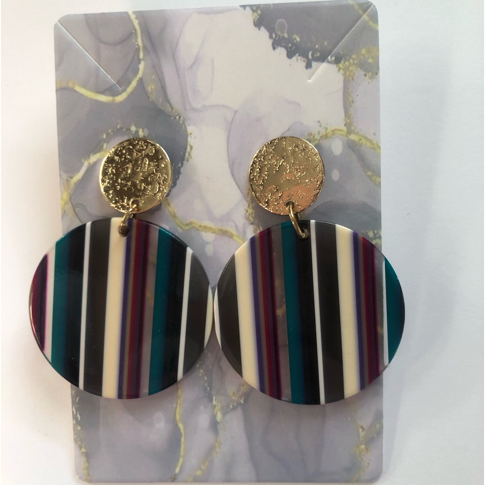 Acrylic Circle round stripe dangle earrings 
Statement pierced gold tone